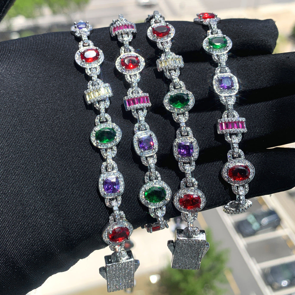 New hip hop 10mm oval square colored zircon necklace hiphop fashion trendy men inlaid zircon Cuban chain