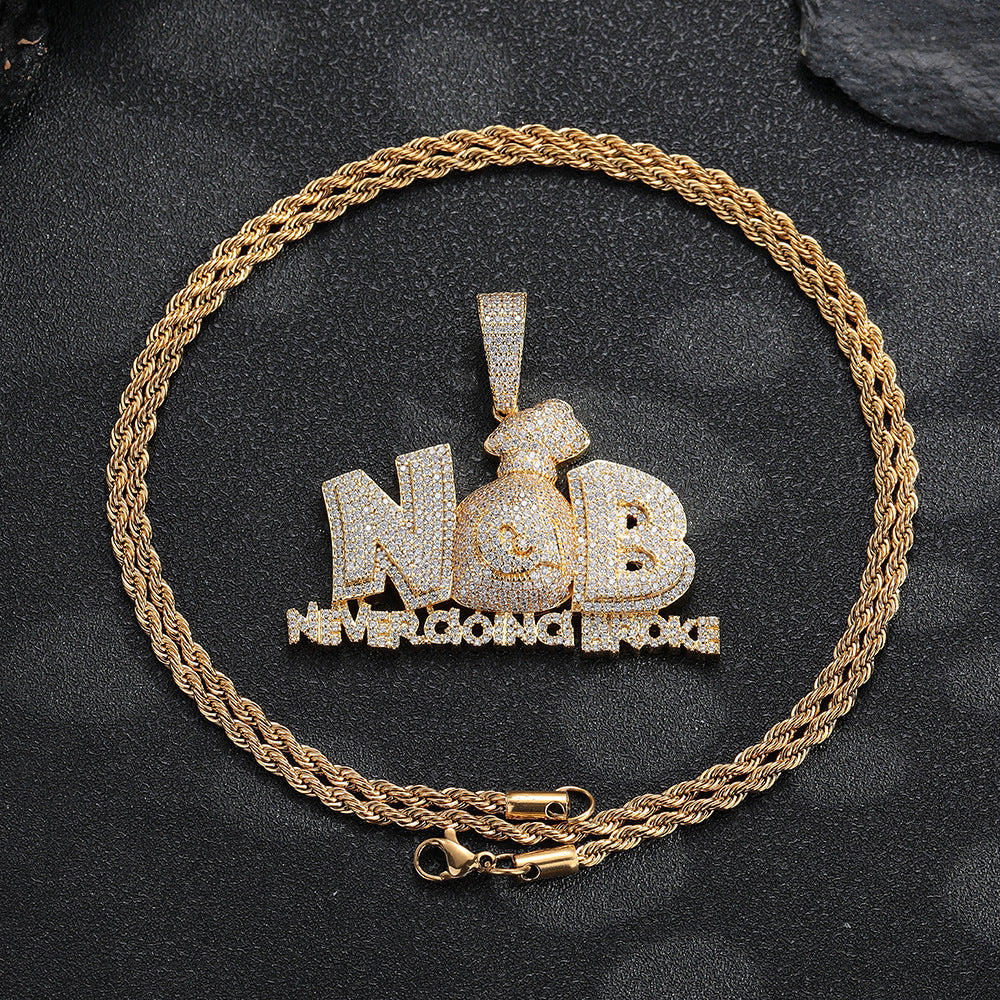 European and American jewelry cross-border dollar money bag hip-hop personality pendant full of zircon hipster hiphop men's necklace accessories