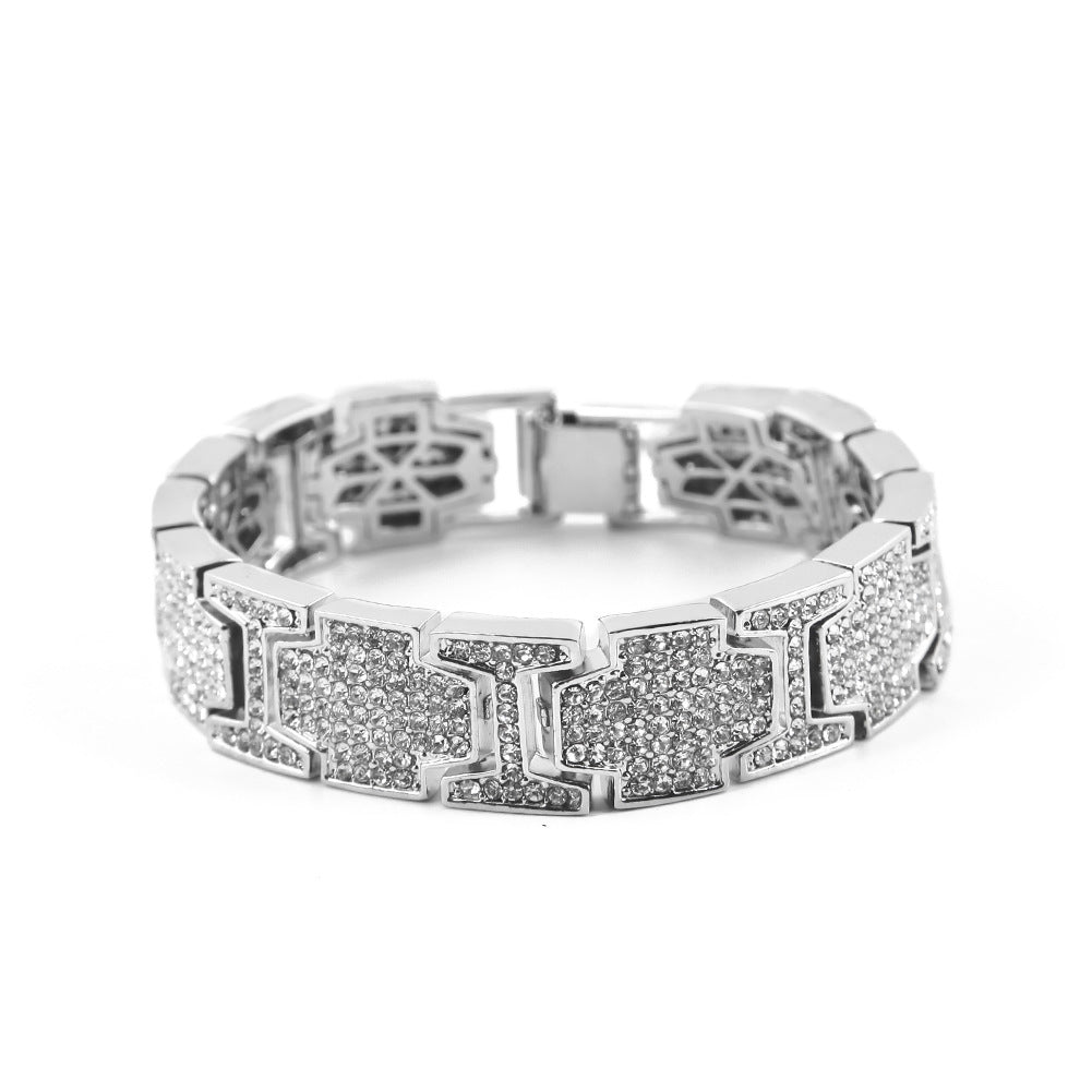 European and American cross-border hip-hop cool diamond-encrusted bracelet personalized trendy man exaggerated domineering alloy full diamond hand jewelry wholesale