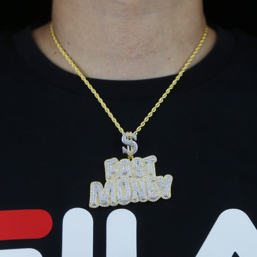 European and American Hip Hop Fast Money Letter Necklace Diamond Zircon Pendant Cuban Chain Fashion Jewelry Personalized Spot