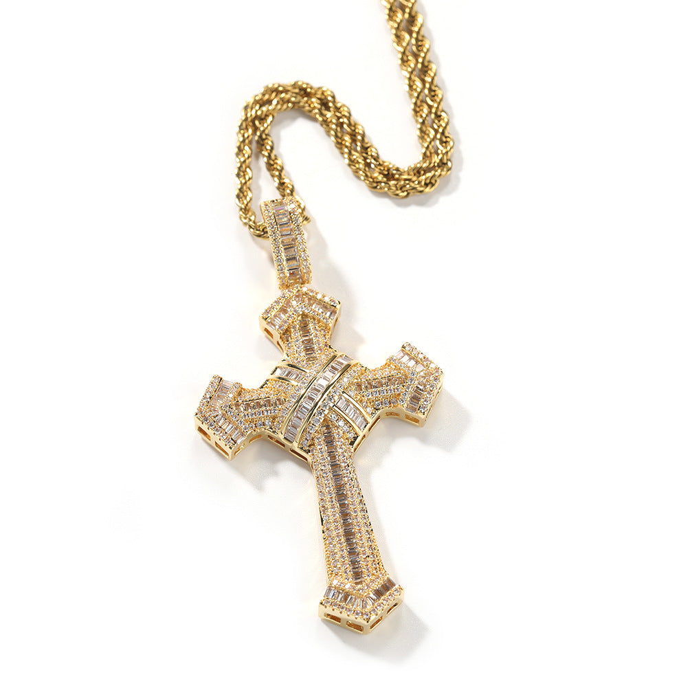 European and American hip-hop trendy brand cross pendant, copper inlaid zircon trendy men's necklace, simple personality cross-border jewelry