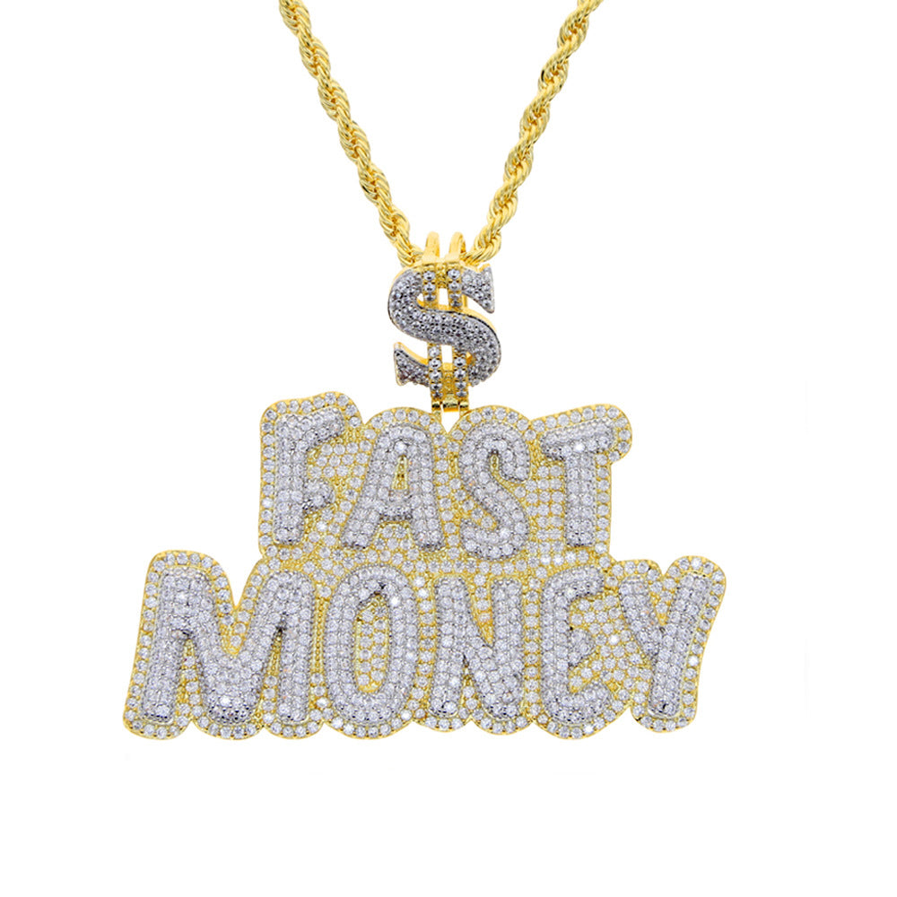 European and American Hip Hop Fast Money Letter Necklace Diamond Zircon Pendant Cuban Chain Fashion Jewelry Personalized Spot