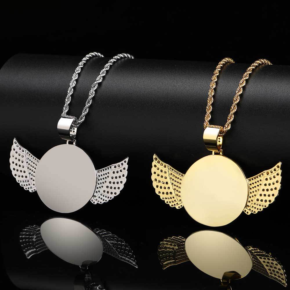 European and American hip hop memory angel wings round photo pendant copper inlaid zircon DIY creative photo frame necklace jewelry